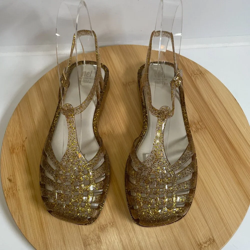 Mel by Melissa Girls 4 Gold Glitter Aranha Quadrada Sandals Square Toe Strappy